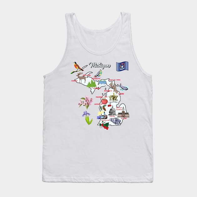 Hand Drawn Illustration of Michigan Map with Tourist Destinations, USA Tank Top by Mashmosh